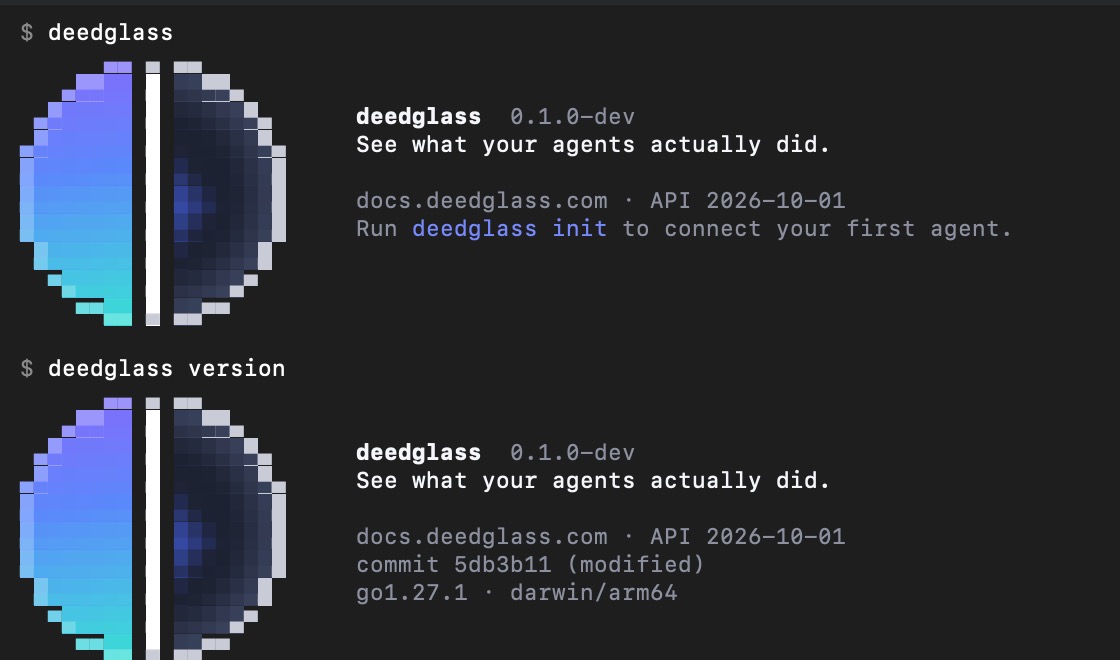 The deedglass banner in Terminal.app, dark theme